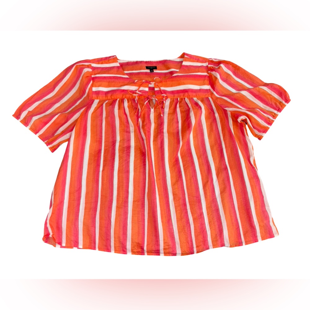 Talbots Plus 2X Striped Cotton Blouse Orange Pink White Tie Neck